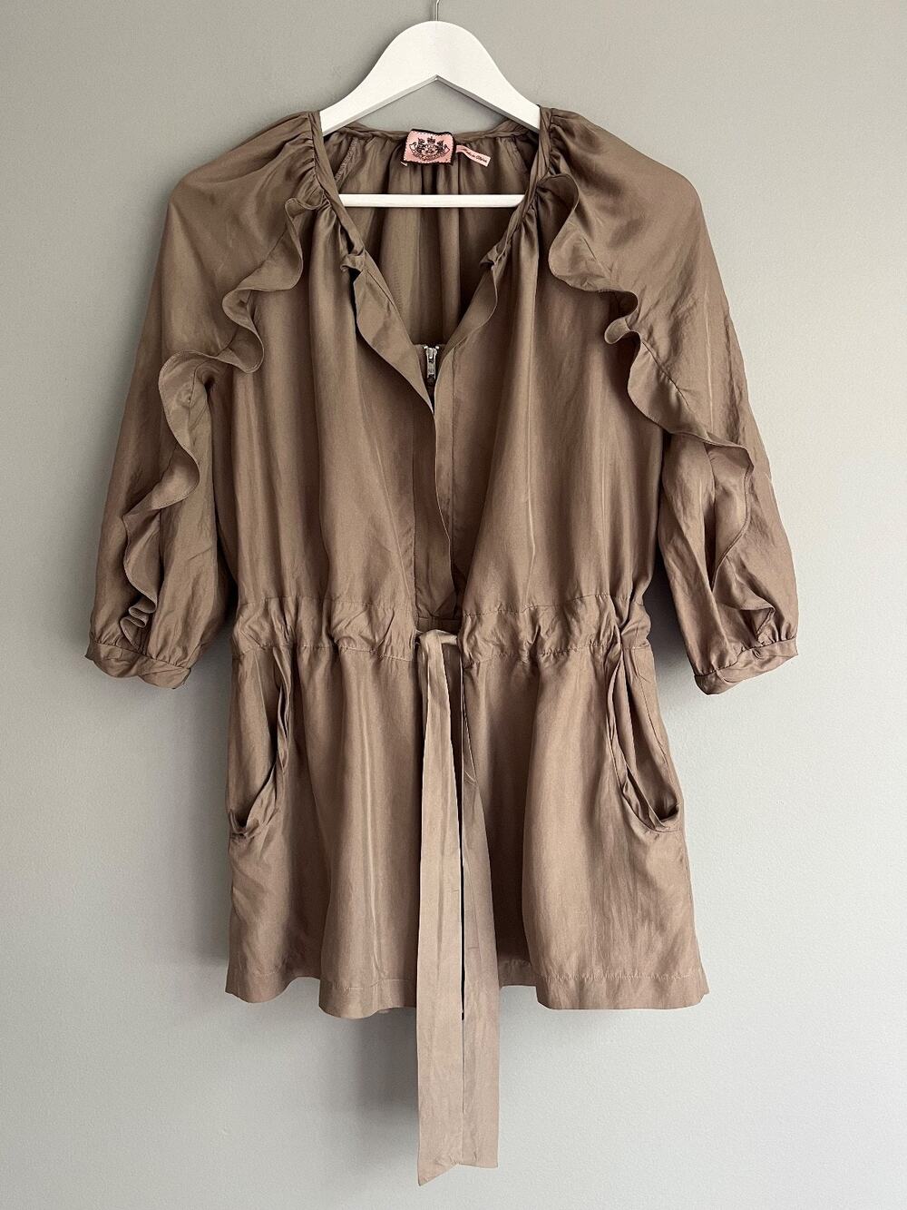 Vintage Juicy Couture Women's 100% Silk Ruffle Romper Taupe Brown Y2K Size 2